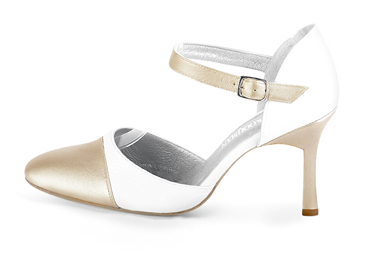Gold and pure white women's open side shoes, with an instep strap. Round toe. Very high slim heel. Profile view - Florence KOOIJMAN